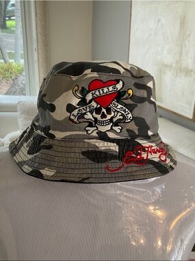 Ed Hardy Gray Camo Bucket Hat with Red Heart Skull Patch